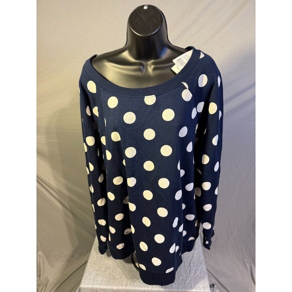 Crown & Ivy Fun Navy Polka Dot Sweatshirt Pink Bow Womens Plus 3X Blouse NWT NEW - Picture 2 of 2